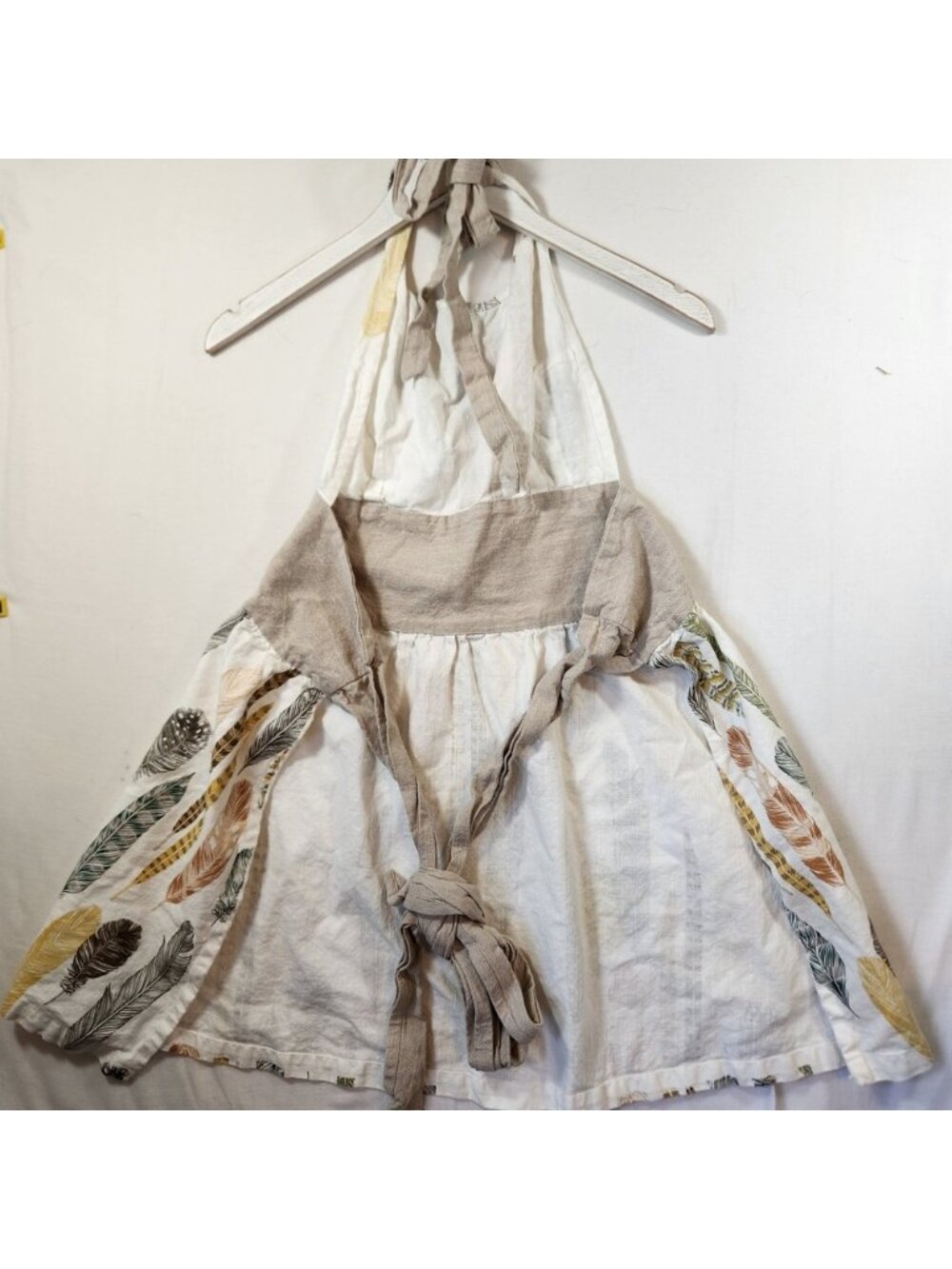 Boho Feather Print Halter Apron Dress Linen Blend White Tan Earthy Tones - Picture 3 of 7